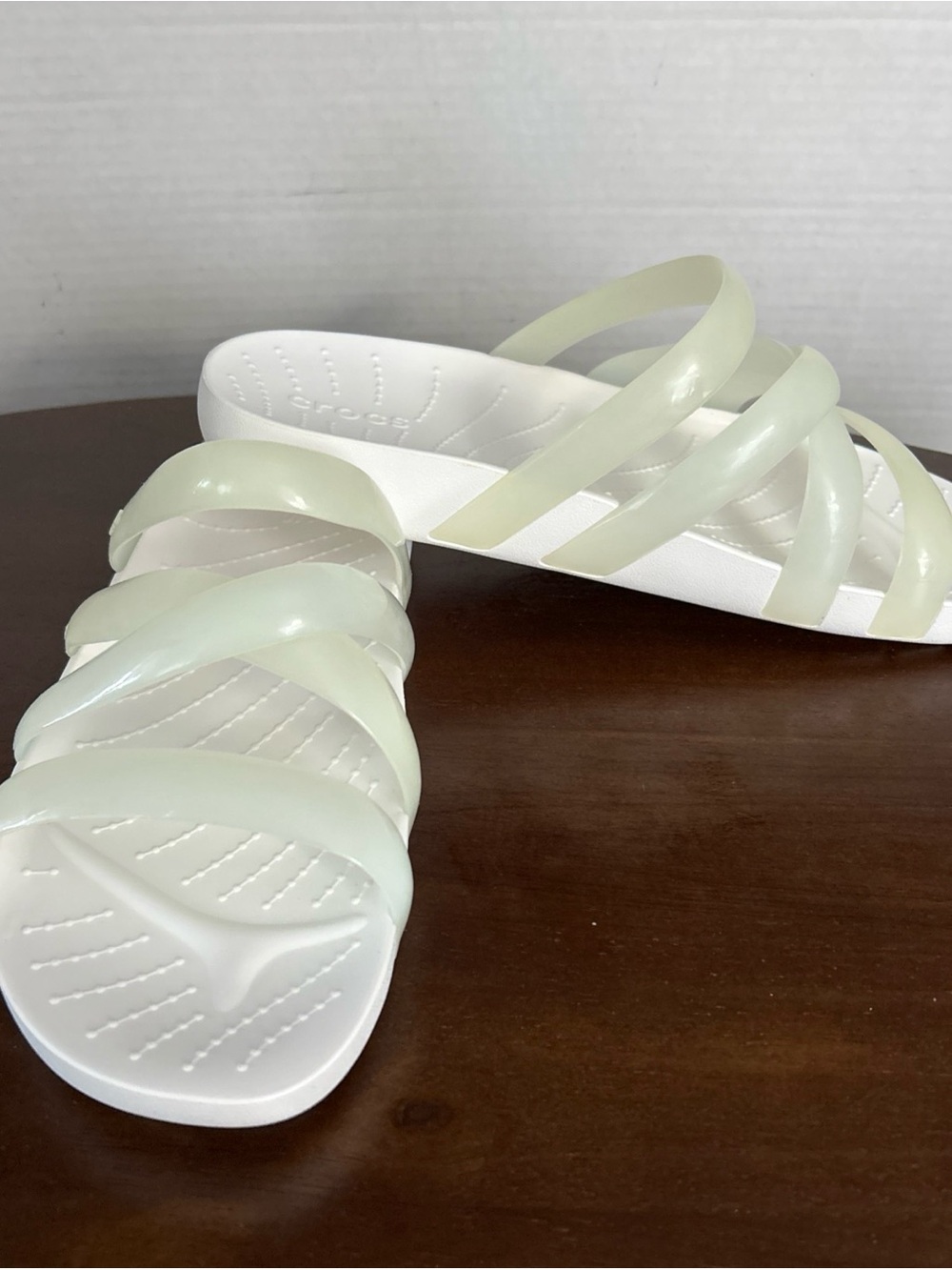 CROCS Iconic White Slides with Translucent Straps - Picture 2 of 4